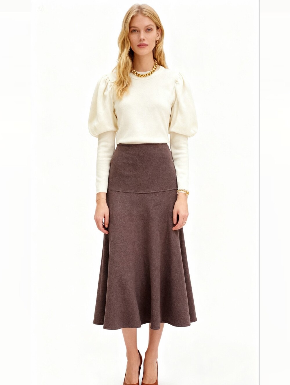 NEW! OGL Cash-Soft Wool-Like Flared Midi Skirt In Brown Size M